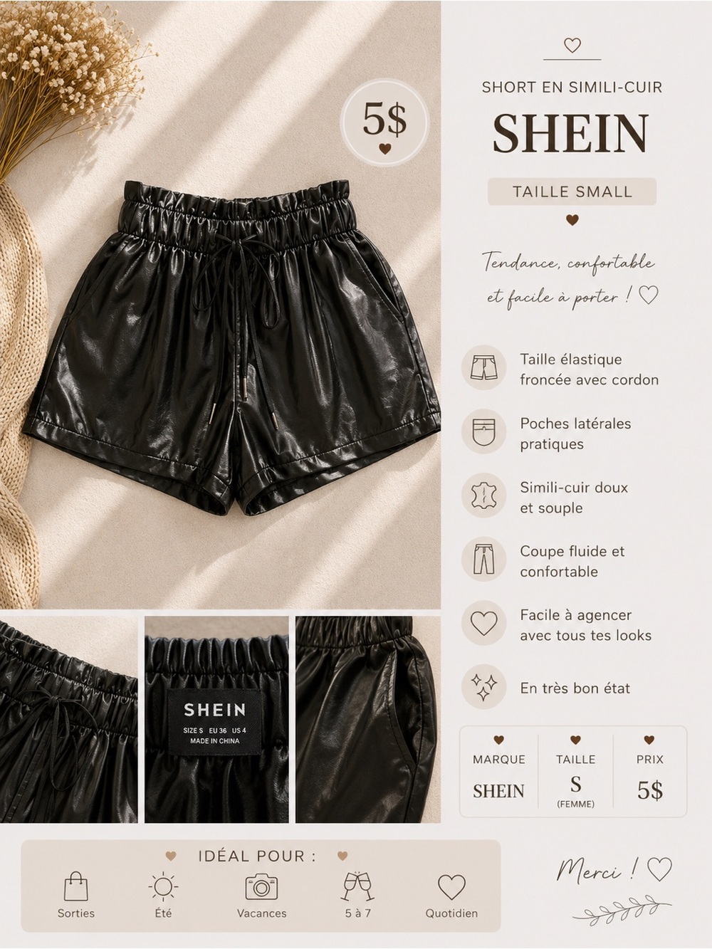 SHEIN Black Faux Leather High Waist Elastic Shorts